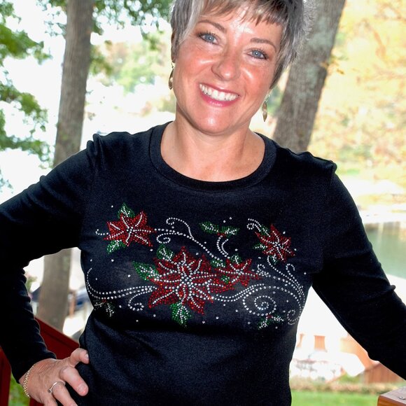 Christmas Poinsettias RN rhinestone long sleeved shirt XS S M L XL XXL 1X2X… - Picture 3 of 7